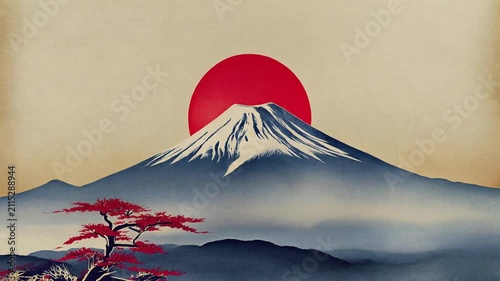 赤い太陽を背にした雄大な富士山を藍色と生成りで描く静寂と格調ある伝統的な和風版画