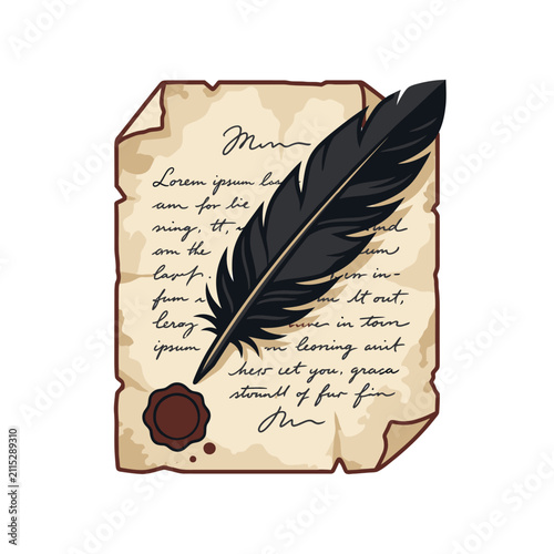 Vintage parchment paper with black quill and wax seal.