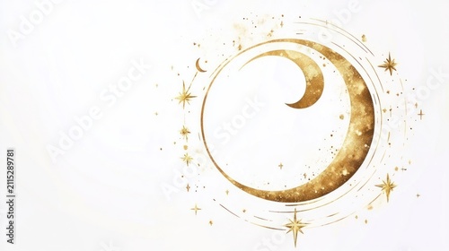 Hand Drawn Gold Logo Frame with golden moon phases and stars. Abstract Golden Round Frame on white background