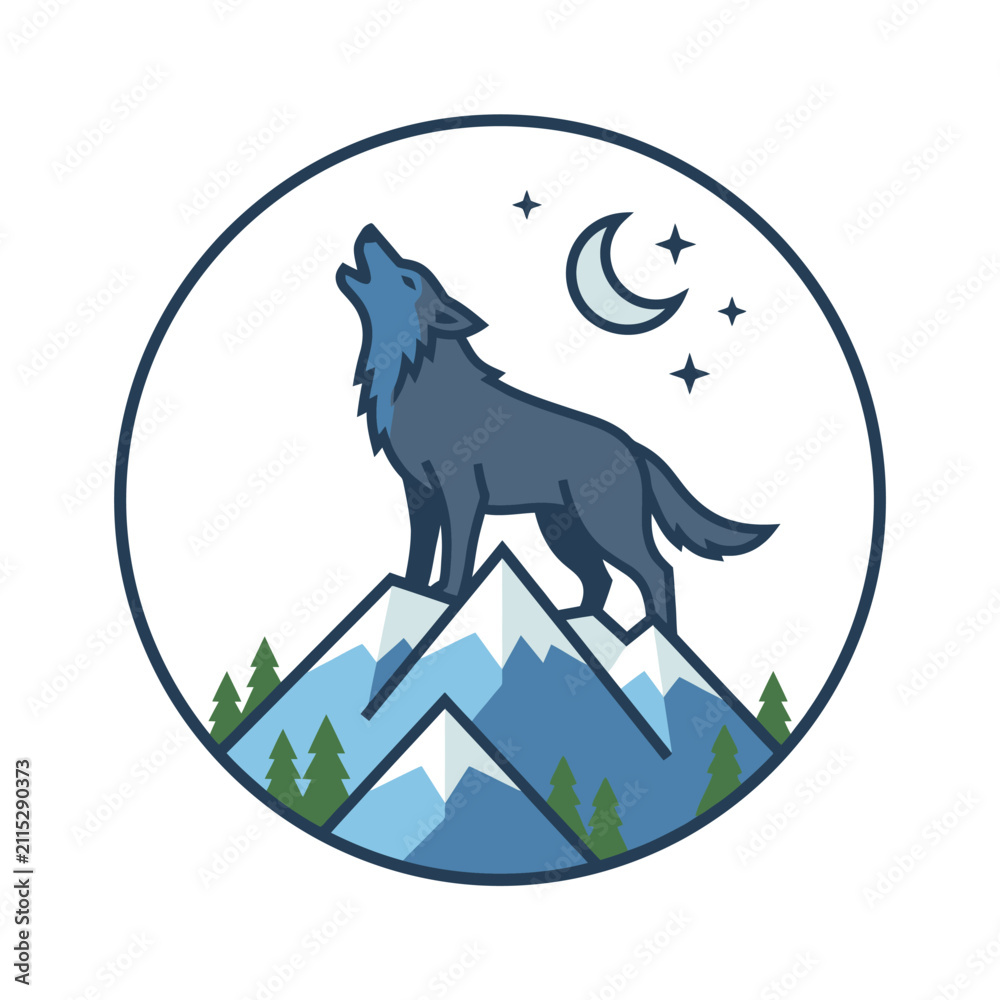 Fototapeta premium Wolf howling on mountain night circle badge