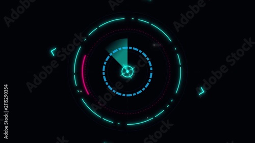 Seamless futuristic cyber security radar sweep HUD loop. Abstract glowing neon target tracking scanner for AI data analysis, surveillance tech, and B2B enterprise software interface backgrounds.