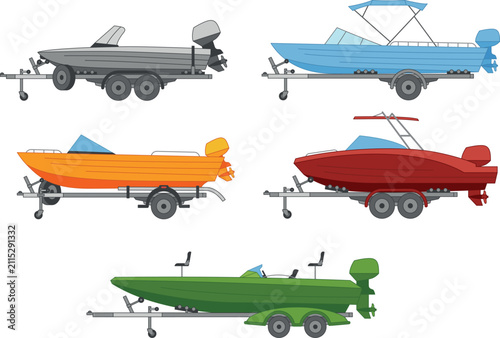 Bild auf Leinwand A set of specialized boat trailers, each holding a different type of boat or motorboat, ready for transport