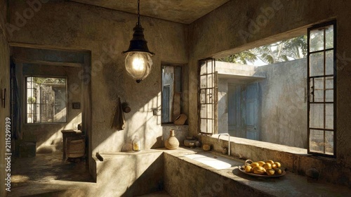 Sunlight streams into a rustic kitchen with a large window and fruit on a counter.