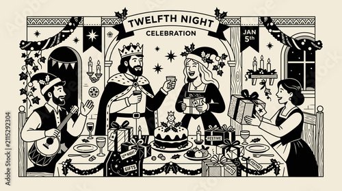 Cuadro en lienzo Twelfth Night celebration features a royal feast with musicians and gift exchange in a historic setting