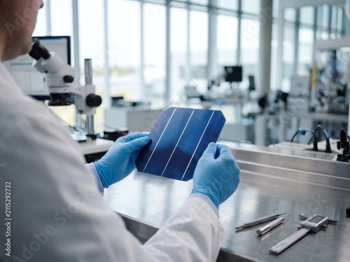 Solar Panel Cell Inspected by Engineer in High-Tech Laboratory for Sustainable Energy Research