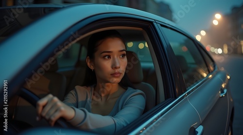 A young Asian woman sits in the driver's seat of a car, contemplating the quiet street at dusk.