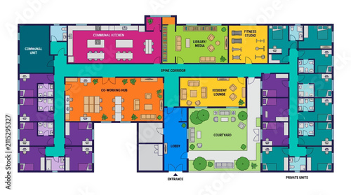 Foto Floor plan depicts the interior layout of a multi-room residential building or apartment complex