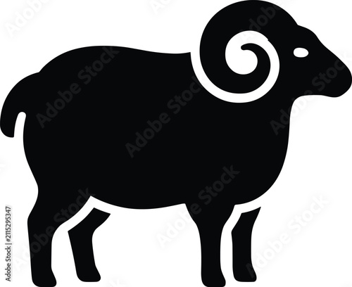 Vector illustration of a ram icon, a stylized silhouette of a male sheep with large curled horns, representing strength and zodiac sign