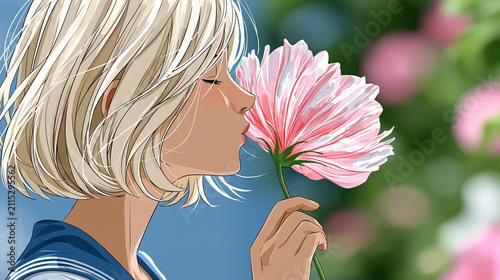 Young woman smelling pink flower in garden with blurred background  