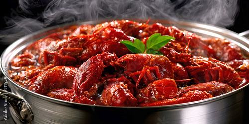 The Bowl That Steams in Red Heat as Crawfish Rise Beneath a Bright Garnish of Fresh Green, ai generated.