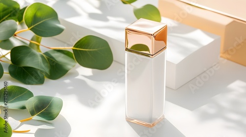 Elegant cosmetic perfume bottle with green leaves in soft sunlight