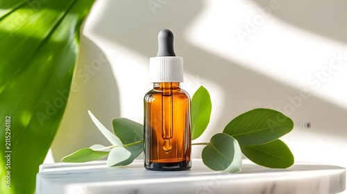 Amber cosmetic dropper bottle with eucalyptus leaves in natural sunlight