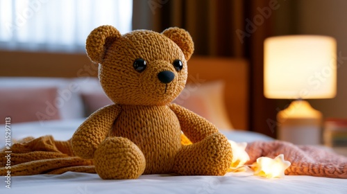 Warm Knitted Bear Sitting on Bed with Cozy Decor and Soft Lighting in a Home Scene