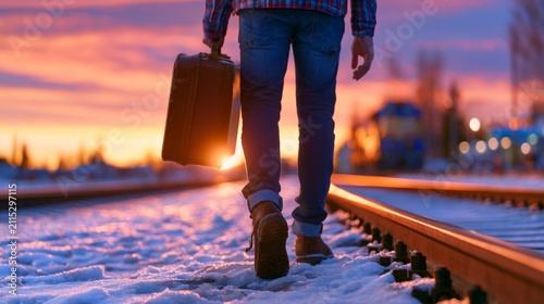 Snowy Evening Journey Along Railway Tracks with Traveler and Crimson Clouds in Background