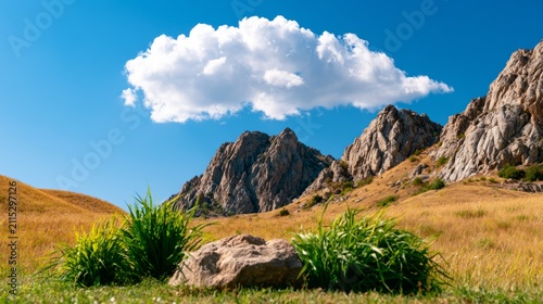 Serene Prairie Landscape with Silver Rocky Cliffs Under a Bright Blue Sky and Soft Cloud