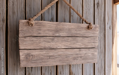 Weathered Wooden Plaque Hanging on a Rustic Wall with Natural Texture and Twisted Rope Detail