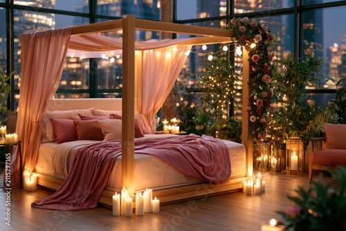Soft Romantic Bedroom with Canopy Bed and Flowing Drapery Surrounded by Soft Lighting
