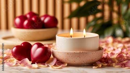 Romantic Candle Display with Heart Shapes and Rose Petals for Valentine's Day Celebration