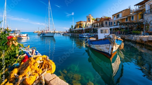 Bright Sunny Fishing Harbor with Colorful Boats and Scenic Panorama View