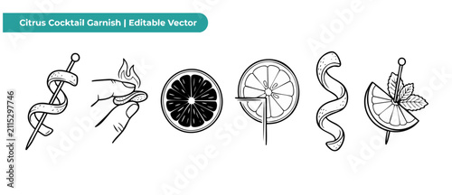 Foto Citrus cocktail garnish vector set featuring orange peel twist, flaming citrus, lemon slice wheel, lime wedge with mint, line art icons for bar menu design, mixology art, isolated black outline
