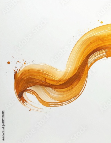 A bold golden brushstroke curves and splatters across white
