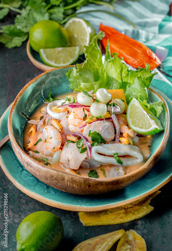 PERUVIAN CEVICHE SEBICHE. Peruvian seafood and fish sebiche with maize