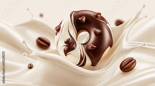 Chocolate donut splashing in cream with coffee beans in backdrop  