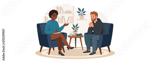 Therapist counseling man in cozy office setting