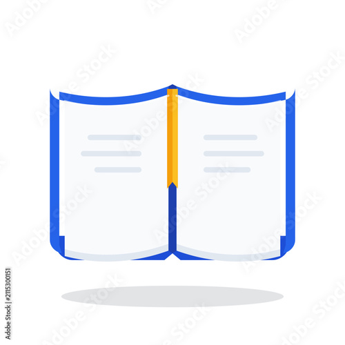Open Book Vector Icon with Yellow Ribbon Bookmark, Flat Style School Textbook and Literature Reading Illustration
