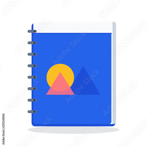 Blue Spiral Sketchbook Vector Icon with Landscape Photo Symbol Cover, Flat Style Portfolio Notebook Illustration
