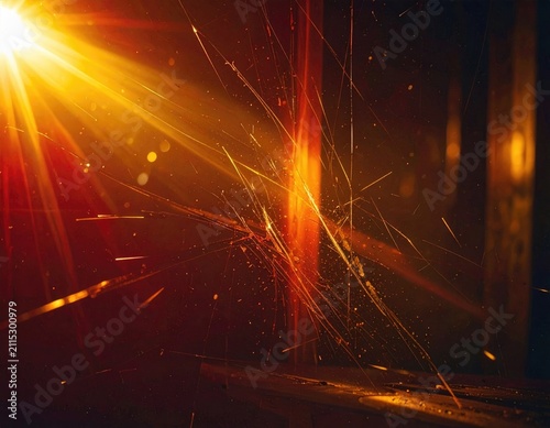 Intense, bright light bursts through dark with showering sparks, motion