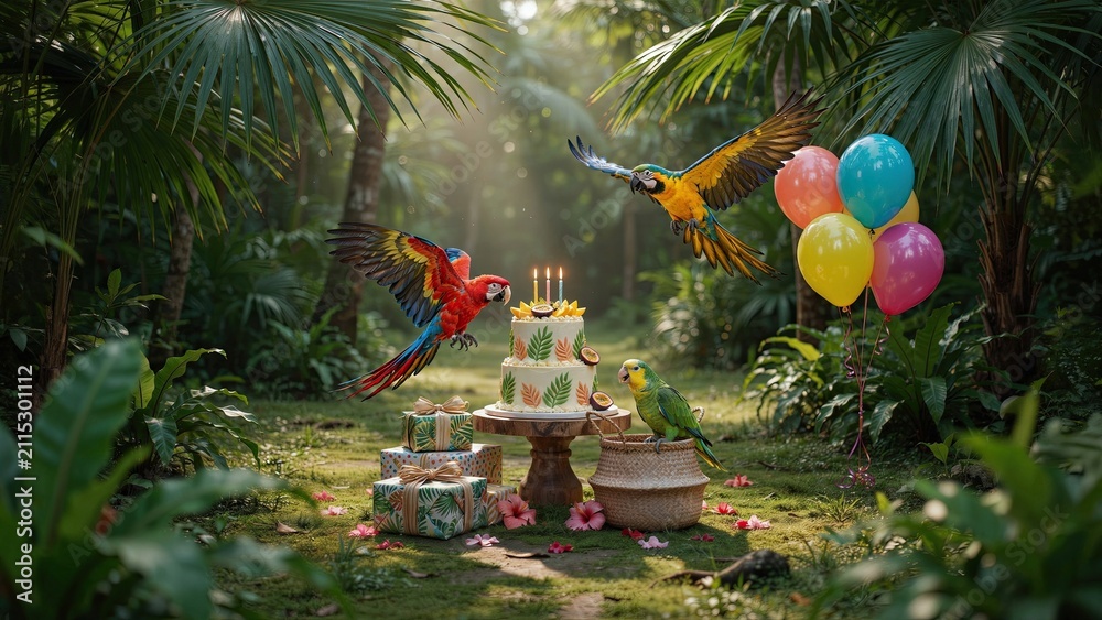 Obraz premium Parrots fly around a tropical birthday cake placed on a small table surrounded by presents in a dense jungle forest.
