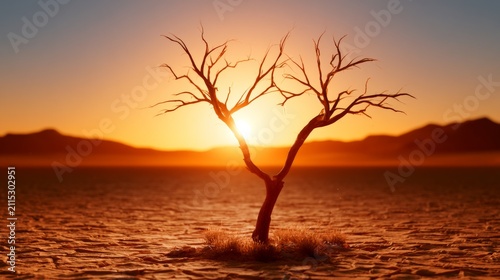 Vast Arid Wilderness Under Glowing Orange Twilight with Dry Tree Silhouette