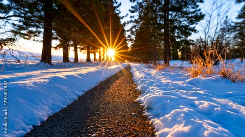 Serene Winter Pathway with Amber Horizon Glow and Sunburst Through Snowy Landscape