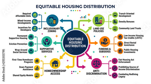 Bild auf Leinwand Diagram illustrating complex housing policies uses colorful icons to explain equitable resource