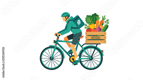 Delivery person on bicycle with fresh organic produce