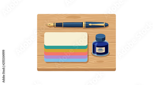 Flat Vector Illustration of Stationery Items on Wooden Desk