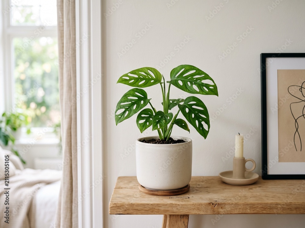 Fototapeta premium Monstera Adansonii Houseplant in White Ceramic Pot on Wooden Table in Modern Bright Interior