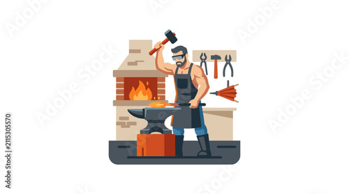 Canvas Print Man working as blacksmith hammering metal.