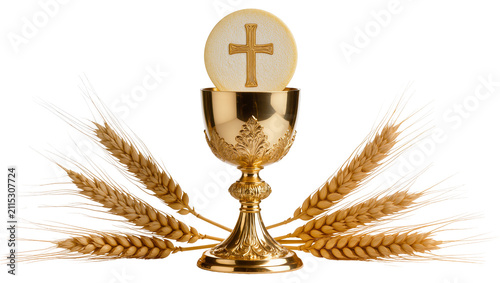 Fotografie Isolated golden chalice with sacred host and cross surrounded by wheat ears for