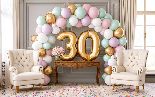 Gold balloons shaped as number thirty hang on wall for thirtieth birthday party celebration. Pastel color balloons decorate elegant room interior with luxury wooden table, vintage chairs