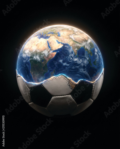 Conceptual 3D Illustration of Planet Earth Emerging from a Soccer Ball