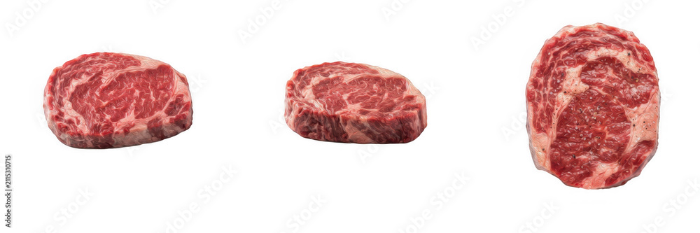 Obraz premium Set of Three Fresh Raw Beef Steak Slices Isolated on White Background Detailed Marbled Meat Cut Illustration for Cooking Barbecue and Butchery Design