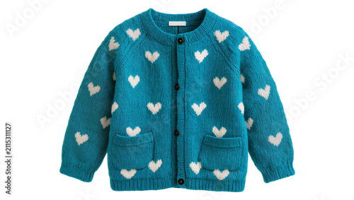 Cuadro en lienzo Isolated knitted teal cardigan featuring white heart patterns, raglan sleeves, and front pockets