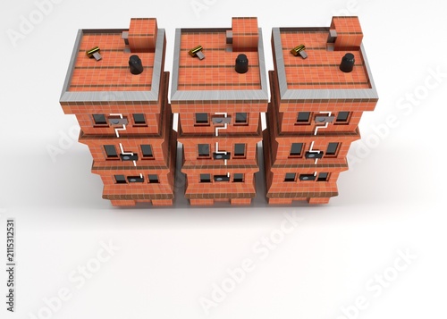 Representación en modelado 3D desde una perspectiva cenital superior de tres edificios habitacionales o multifamiliares idénticos de ladrillo terracota. Cuentan con detalles en la azotea como tinacos 