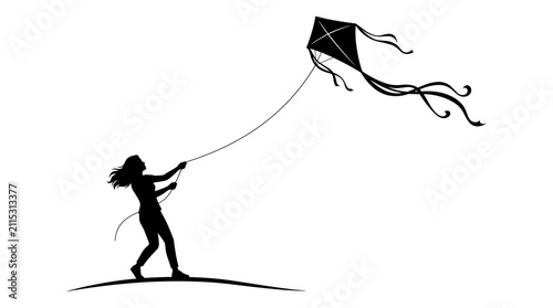 Silhouette of a girl flying a kite on a white background