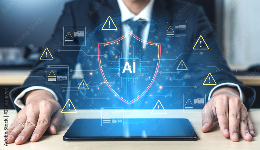 Fototapeta premium AI cybersecurity safeguards systems with encryption, access control, and AI secure data flow. Futuristic cyber security featuring AI digital shield, zero trust and AI threat detection system. Corpus