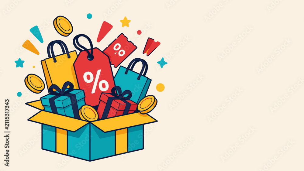 Fototapeta premium Bright box bursts with shopping excitement. Colorful bags and coins float with joy. Percent signs hint at savings and deals. Perfect for sale, discount, or festive promotions. Ideal for online stores
