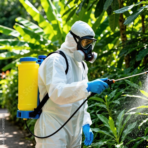 Pest control worker in full protective suit sprays plants with insecticide. Pro technician uses sprayer to combat insects and protect garden area. Safe chemical application for healthy green plants.