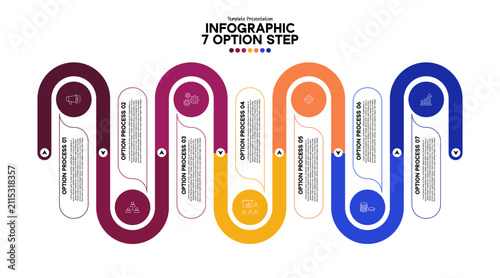 Process flow infographic timeline with 7 steps options for presentation and report templates. editable vector.